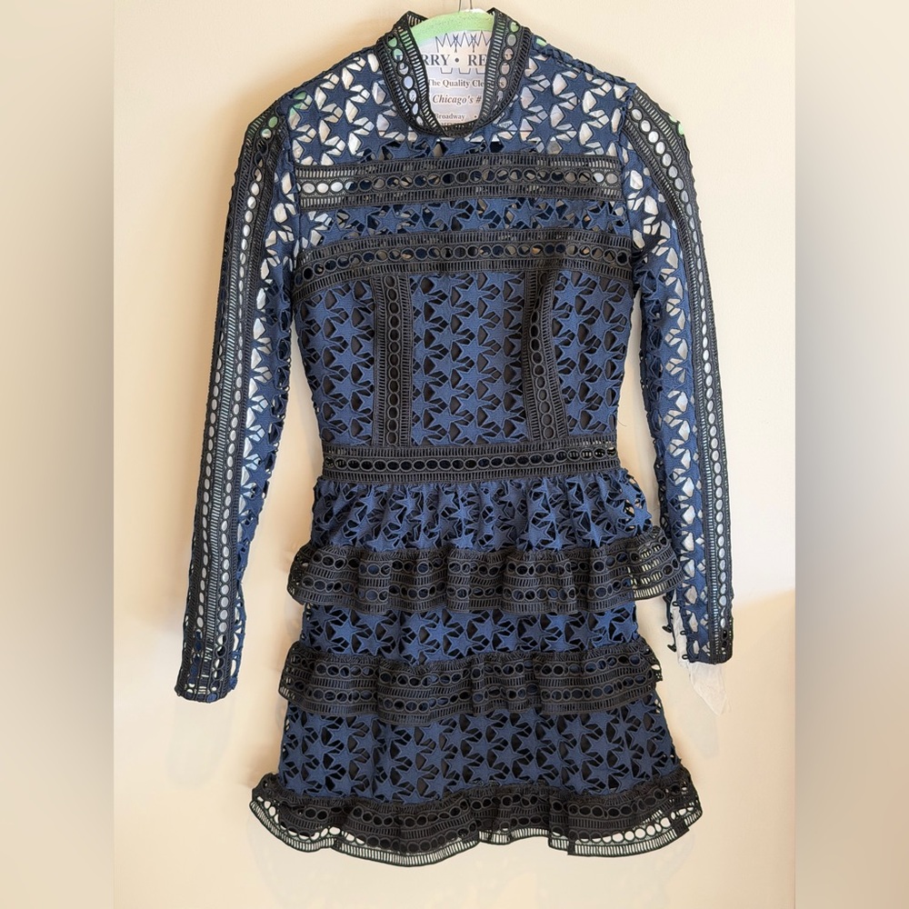Self-Portrait Navy and Black Lace Long Sleeve Dress